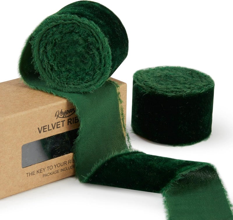 Keypan Green Velvet Ribbon for Gift Wrapping - 1 1/2 inch Wide Handmade Fringe Fabric Ribbons for Christmas Decorations, Baby Shower, Flower Bouquet - Image 1